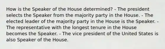 How is the Speaker of the House determined? - The president selects the Speaker from the majority party in the House. - The elected leader of the majority party in the House is the Speaker. - The representative with the longest tenure in the House becomes the Speaker. - The vice president of the United States is also Speaker of the House.