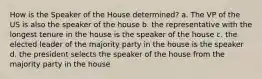 How is the Speaker of the House determined? a. The VP of the US is also the speaker of the house b. the representative with the longest tenure in the house is the speaker of the house c. the elected leader of the majority party in the house is the speaker d. the president selects the speaker of the house from the majority party in the house