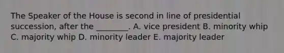 The Speaker of the House is second in line of presidential succession, after the ________. A. vice president B. minority whip C. majority whip D. minority leader E. majority leader