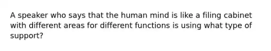 A speaker who says that the human mind is like a filing cabinet with different areas for different functions is using what type of support?