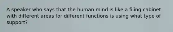 A speaker who says that the human mind is like a filing cabinet with different areas for different functions is using what type of support?​