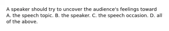 A speaker should try to uncover the audience's feelings toward A. the speech topic. B. the speaker. C. the speech occasion. D. all of the above.