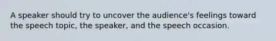 A speaker should try to uncover the audience's feelings toward the speech topic, the speaker, and the speech occasion.