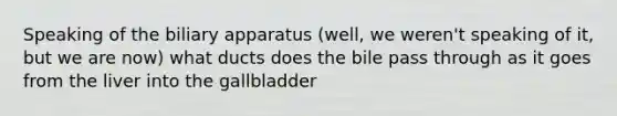 Speaking of the biliary apparatus (well, we weren't speaking of it, but we are now) what ducts does the bile pass through as it goes from the liver into the gallbladder