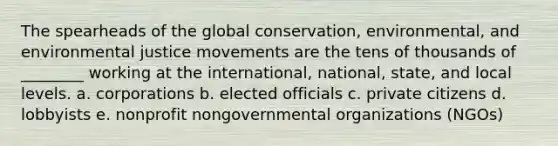 The spearheads of the global conservation, environmental, and environmental justice movements are the tens of thousands of ________ working at the international, national, state, and local levels. a. corporations b. elected officials c. private citizens d. lobbyists e. nonprofit nongovernmental organizations (NGOs)