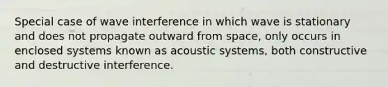 Special case of wave interference in which wave is stationary and does not propagate outward from space, only occurs in enclosed systems known as acoustic systems, both constructive and destructive interference.