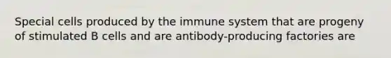 Special cells produced by the immune system that are progeny of stimulated B cells and are antibody-producing factories are