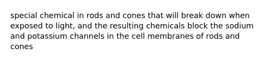 special chemical in rods and cones that will break down when exposed to light, and the resulting chemicals block the sodium and potassium channels in the cell membranes of rods and cones