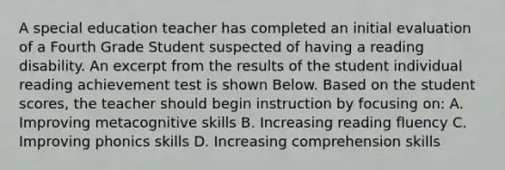 A special education teacher has completed an initial evaluation of a Fourth Grade Student suspected of having a reading disability. An excerpt from the results of the student individual reading achievement test is shown Below. Based on the student scores, the teacher should begin instruction by focusing on: A. Improving metacognitive skills B. Increasing reading fluency C. Improving phonics skills D. Increasing comprehension skills