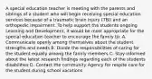 A special education teacher is meeting with the parents and siblings of a student who will begin receiving special education services because of a traumatic brain injury (TBI) and an orthopedic impairment. To help support the students ongoing Learning and Development, it would be most appropriate for the special education teacher to encourage the family to: A. Communicate openly among themselves about the student strengths and needs B. Divide the responsibilities of caring for the student equally among the family members C. Stay informed about the latest research findings regarding each of the students disabilities D. Contact the community Agency for respite care for the student during school vacations