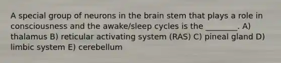 A special group of neurons in the brain stem that plays a role in consciousness and the awake/sleep cycles is the ________. A) thalamus B) reticular activating system (RAS) C) pineal gland D) limbic system E) cerebellum