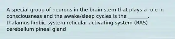 A special group of neurons in the brain stem that plays a role in consciousness and the awake/sleep cycles is the ________. thalamus limbic system reticular activating system (RAS) cerebellum pineal gland