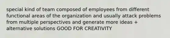 special kind of team composed of employees from different functional areas of the organization and usually attack problems from multiple perspectives and generate more ideas + alternative solutions GOOD FOR CREATIVITY