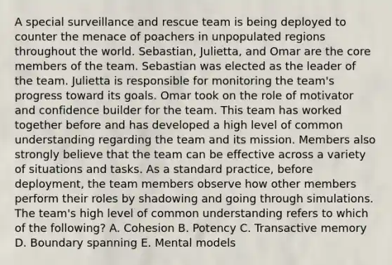 A special surveillance and rescue team is being deployed to counter the menace of poachers in unpopulated regions throughout the world. Sebastian, Julietta, and Omar are the core members of the team. Sebastian was elected as the leader of the team. Julietta is responsible for monitoring the team's progress toward its goals. Omar took on the role of motivator and confidence builder for the team. This team has worked together before and has developed a high level of common understanding regarding the team and its mission. Members also strongly believe that the team can be effective across a variety of situations and tasks. As a standard practice, before deployment, the team members observe how other members perform their roles by shadowing and going through simulations. The team's high level of common understanding refers to which of the following? A. Cohesion B. Potency C. Transactive memory D. Boundary spanning E. Mental models