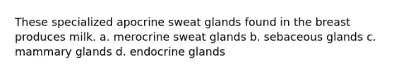 These specialized apocrine sweat glands found in the breast produces milk. a. merocrine sweat glands b. sebaceous glands c. mammary glands d. endocrine glands