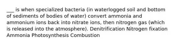 ___ is when specialized bacteria (in waterlogged soil and bottom of sediments of bodies of water) convert ammonia and ammonium ions back into nitrate ions, then nitrogen gas (which is released into the atmosphere). Denitrification Nitrogen fixation Ammonia Photosynthesis Combustion