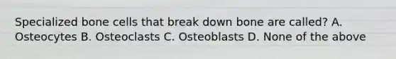 Specialized bone cells that break down bone are called? A. Osteocytes B. Osteoclasts C. Osteoblasts D. None of the above