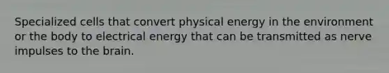 Specialized cells that convert physical energy in the environment or the body to electrical energy that can be transmitted as nerve impulses to the brain.