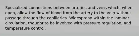 Specialized connections between arteries and veins which, when open, allow the flow of blood from the artery to the vein without passage through the capillaries. Widespread within the laminar circulation, thought to be involved with pressure regulation, and temperature control.