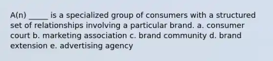 A(n) _____ is a specialized group of consumers with a structured set of relationships involving a particular brand. a. consumer court b. marketing association c. brand community d. brand extension e. advertising agency