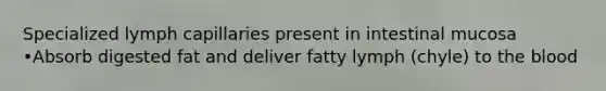 Specialized lymph capillaries present in intestinal mucosa •Absorb digested fat and deliver fatty lymph (chyle) to the blood