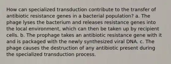 How can specialized transduction contribute to the transfer of antibiotic resistance genes in a bacterial population? a. The phage lyses the bacterium and releases resistance genes into the local environment, which can then be taken up by recipient cells. b. The prophage takes an antibiotic resistance gene with it and is packaged with the newly synthesized viral DNA. c. The phage causes the destruction of any antibiotic present during the specialized transduction process.