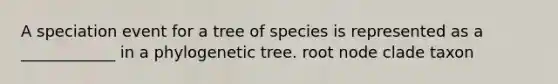 A speciation event for a tree of species is represented as a ____________ in a phylogenetic tree. root node clade taxon