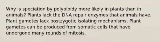 Why is speciation by polyploidy more likely in plants than in animals? Plants lack the DNA repair enzymes that animals have. Plant gametes lack postzygotic isolating mechanisms. Plant gametes can be produced from somatic cells that have undergone many rounds of mitosis.