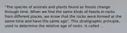 "The species of animals and plants found as fossils change through time. When we find the same kinds of fossils in rocks from different places, we know that the rocks were formed at the same time and have the same age". This stratigraphic principle, used to determine the relative age of rocks, is called ...