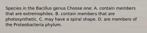 Species in the Bacillus genus Choose one: A. contain members that are extremophiles. B. contain members that are photosynthetic. C. may have a spiral shape. D. are members of the Proteobacteria phylum.