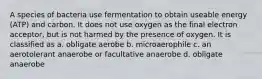 A species of bacteria use fermentation to obtain useable energy (ATP) and carbon. It does not use oxygen as the final electron acceptor, but is not harmed by the presence of oxygen. It is classified as a. obligate aerobe b. microaerophile c. an aerotolerant anaerobe or facultative anaerobe d. obligate anaerobe