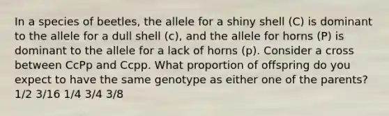 In a species of beetles, the allele for a shiny shell (C) is dominant to the allele for a dull shell (c), and the allele for horns (P) is dominant to the allele for a lack of horns (p). Consider a cross between CcPp and Ccpp. What proportion of offspring do you expect to have the same genotype as either one of the parents? 1/2 3/16 1/4 3/4 3/8