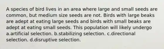 A species of bird lives in an area where large and small seeds are common, but medium size seeds are not. Birds with large beaks are adept at eating large seeds and birds with small beaks are adept at eating small seeds. This population will likely undergo a.artificial selection. b.stabilizing selection. c.directional selection. d.disruptive selection.