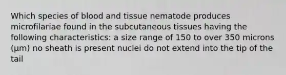 Which species of blood and tissue nematode produces microfilariae found in the subcutaneous tissues having the following characteristics: a size range of 150 to over 350 microns (µm) no sheath is present nuclei do not extend into the tip of the tail