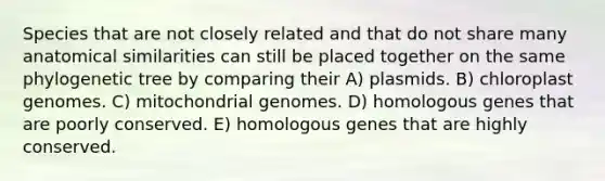 Species that are not closely related and that do not share many anatomical similarities can still be placed together on the same phylogenetic tree by comparing their A) plasmids. B) chloroplast genomes. C) mitochondrial genomes. D) homologous genes that are poorly conserved. E) homologous genes that are highly conserved.