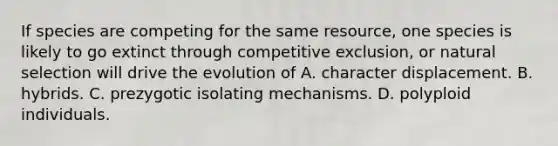 If species are competing for the same resource, one species is likely to go extinct through competitive exclusion, or natural selection will drive the evolution of A. character displacement. B. hybrids. C. prezygotic isolating mechanisms. D. polyploid individuals.