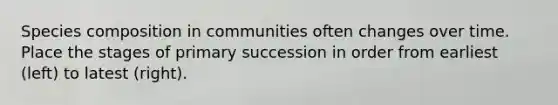Species composition in communities often changes over time. Place the stages of primary succession in order from earliest (left) to latest (right).