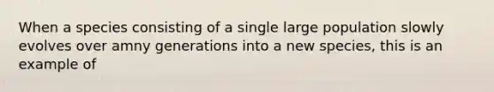 When a species consisting of a single large population slowly evolves over amny generations into a new species, this is an example of