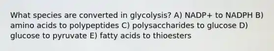 What species are converted in glycolysis? A) NADP+ to NADPH B) amino acids to polypeptides C) polysaccharides to glucose D) glucose to pyruvate E) fatty acids to thioesters