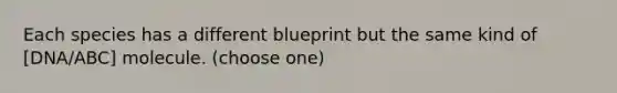 Each species has a different blueprint but the same kind of [DNA/ABC] molecule. (choose one)