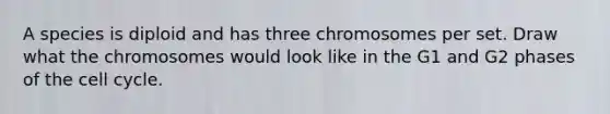 A species is diploid and has three chromosomes per set. Draw what the chromosomes would look like in the G1 and G2 phases of the cell cycle.