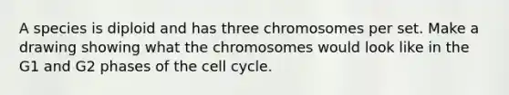 A species is diploid and has three chromosomes per set. Make a drawing showing what the chromosomes would look like in the G1 and G2 phases of the cell cycle.