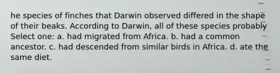 he species of finches that Darwin observed differed in the shape of their beaks. According to Darwin, all of these species probably Select one: a. had migrated from Africa. b. had a common ancestor. c. had descended from similar birds in Africa. d. ate the same diet.