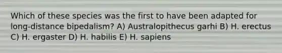 Which of these species was the first to have been adapted for long-distance bipedalism? A) Australopithecus garhi B) H. erectus C) H. ergaster D) H. habilis E) H. sapiens