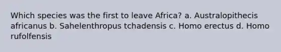 Which species was the first to leave Africa? a. Australopithecis africanus b. Sahelenthropus tchadensis c. Homo erectus d. Homo rufolfensis