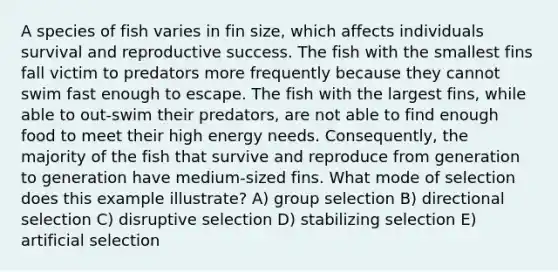 A species of fish varies in fin size, which affects individuals survival and reproductive success. The fish with the smallest fins fall victim to predators more frequently because they cannot swim fast enough to escape. The fish with the largest fins, while able to out-swim their predators, are not able to find enough food to meet their high energy needs. Consequently, the majority of the fish that survive and reproduce from generation to generation have medium-sized fins. What mode of selection does this example illustrate? A) group selection B) directional selection C) disruptive selection D) stabilizing selection E) artificial selection