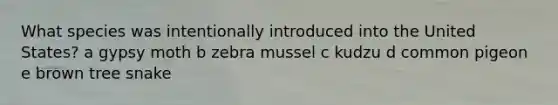 What species was intentionally introduced into the United States? a gypsy moth b zebra mussel c kudzu d common pigeon e brown tree snake