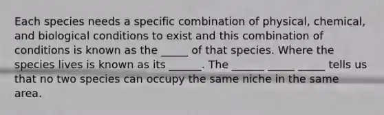 Each species needs a specific combination of physical, chemical, and biological conditions to exist and this combination of conditions is known as the _____ of that species. Where the species lives is known as its ______. The ______ _____ _____ tells us that no two species can occupy the same niche in the same area.