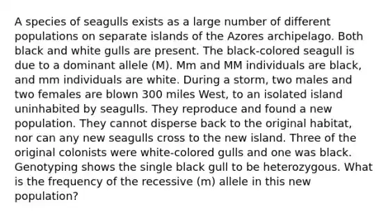 A species of seagulls exists as a large number of different populations on separate islands of the Azores archipelago. Both black and white gulls are present. The black-colored seagull is due to a dominant allele (M). Mm and MM individuals are black, and mm individuals are white. During a storm, two males and two females are blown 300 miles West, to an isolated island uninhabited by seagulls. They reproduce and found a new population. They cannot disperse back to the original habitat, nor can any new seagulls cross to the new island. Three of the original colonists were white-colored gulls and one was black. Genotyping shows the single black gull to be heterozygous. What is the frequency of the recessive (m) allele in this new population?