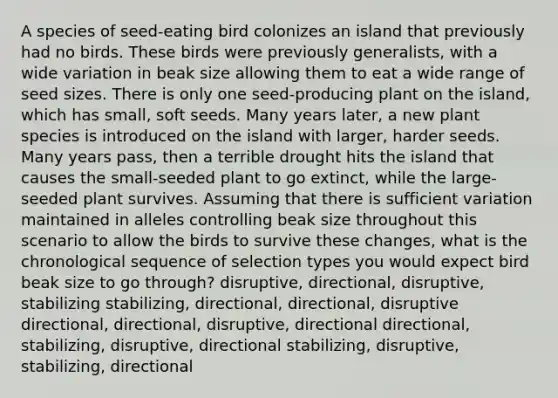 A species of seed-eating bird colonizes an island that previously had no birds. These birds were previously generalists, with a wide variation in beak size allowing them to eat a wide range of seed sizes. There is only one seed-producing plant on the island, which has small, soft seeds. Many years later, a new plant species is introduced on the island with larger, harder seeds. Many years pass, then a terrible drought hits the island that causes the small-seeded plant to go extinct, while the large-seeded plant survives. Assuming that there is sufficient variation maintained in alleles controlling beak size throughout this scenario to allow the birds to survive these changes, what is the chronological sequence of selection types you would expect bird beak size to go through? disruptive, directional, disruptive, stabilizing stabilizing, directional, directional, disruptive directional, directional, disruptive, directional directional, stabilizing, disruptive, directional stabilizing, disruptive, stabilizing, directional